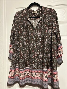 NATURAL LIFE Brown Floral Tie-Neck Blouse with Pink & Blue Accents, Sz M